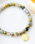 Mossy Agate Elastic Bracelet | 24K Lotus Flower Charm
