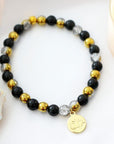 Obsidian Elastic Bracelet | 24K Lotus Flower Charm