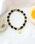 Obsidian Elastic Bracelet | 24K Lotus Flower Charm